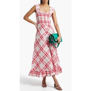 GANNI Seersucker Check Maxi Picnic Dress red pink green size 42 Large US 10/12